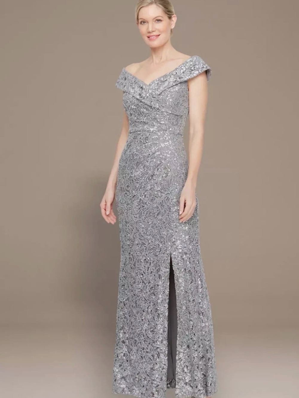 Alex Evenings Silver off the Shoulder Sequin Evening Gown